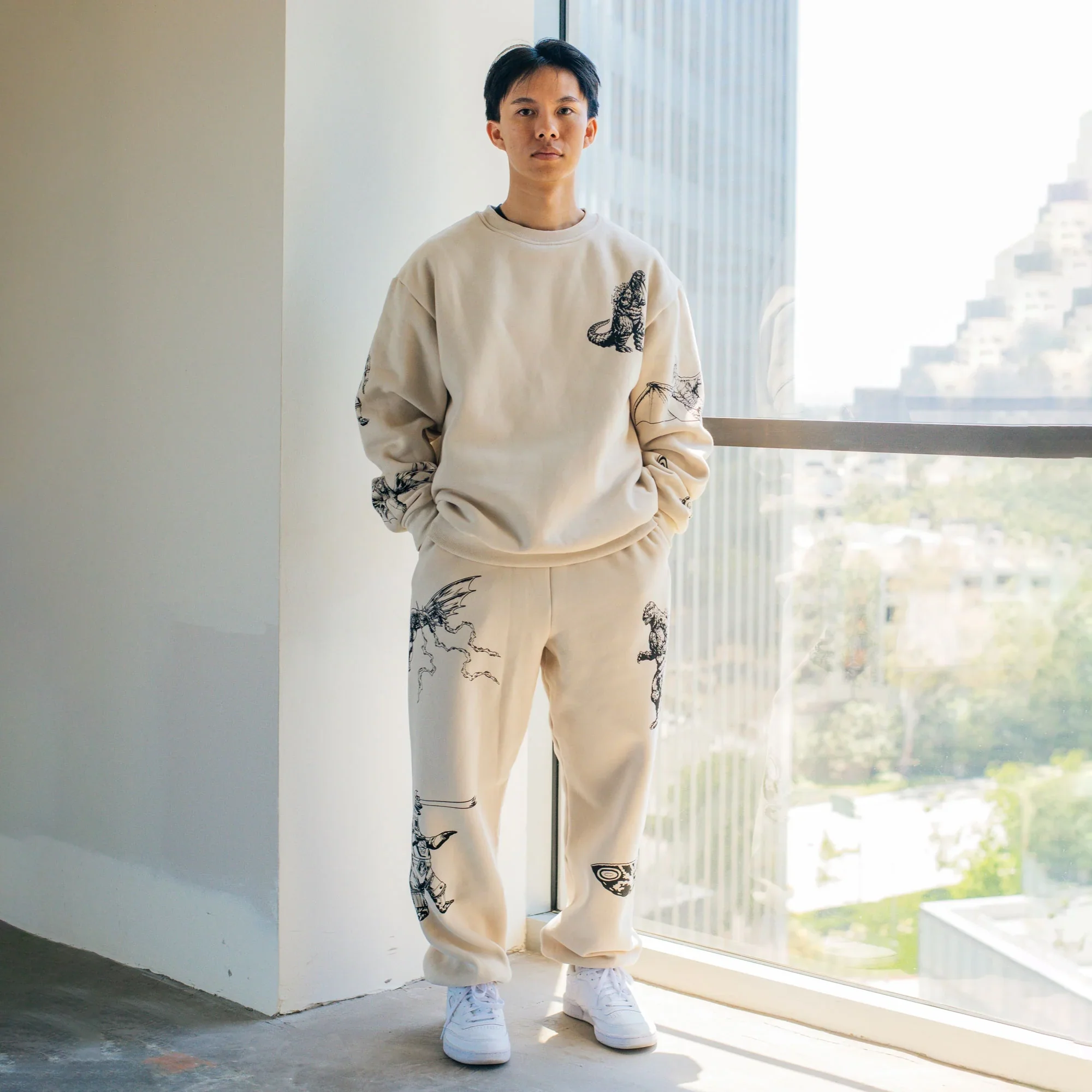 Godzilla Kaiju Print Sweatpants Set - Cream
